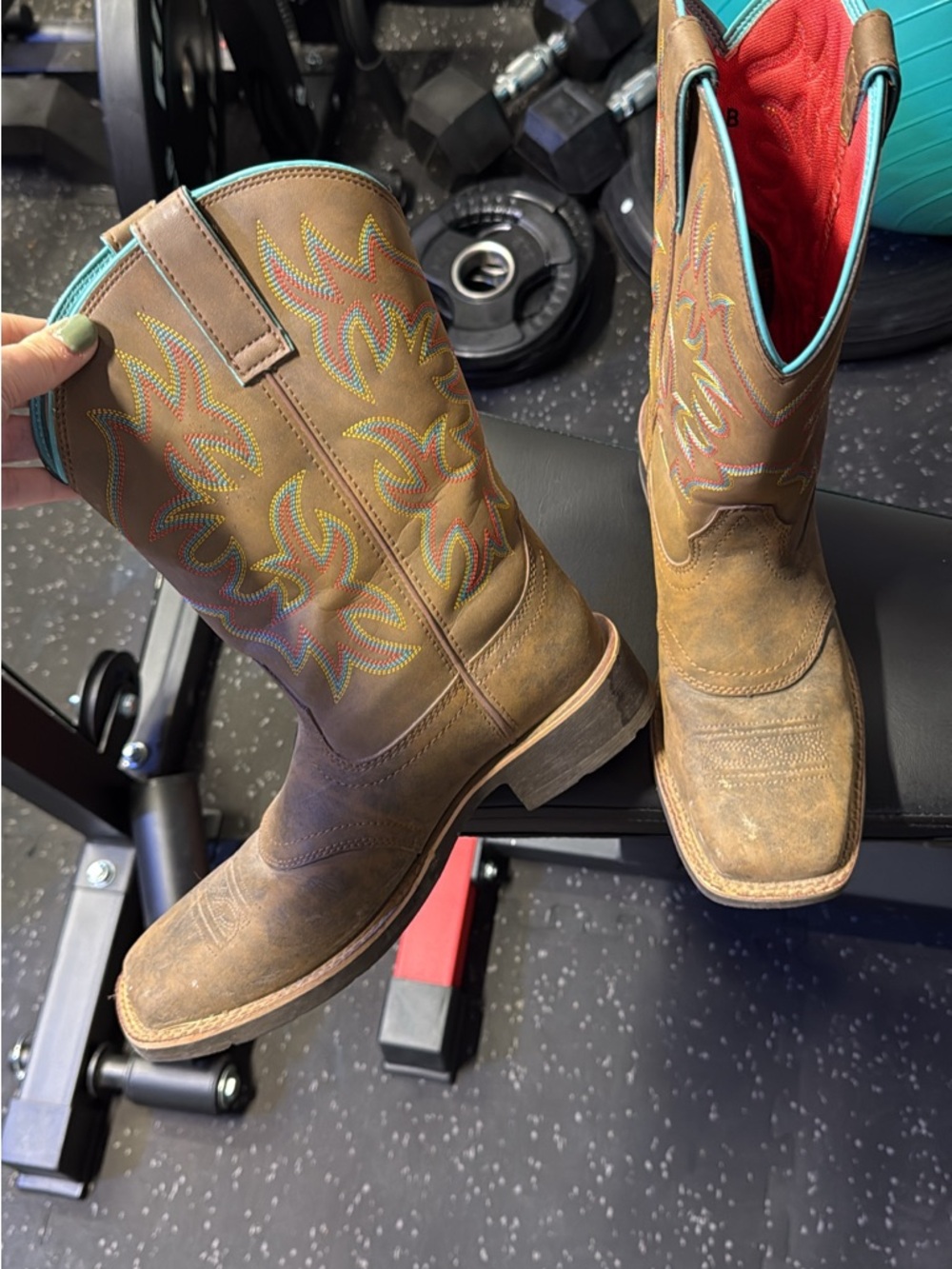 Ariat Brown Cowboy Boots with Multicolor Stitching and Turquoise Liner